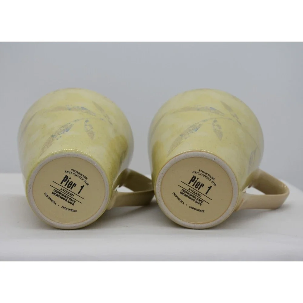 Two Pier One Stoneware Brown Antiqued Leaf 12 oz Mug Cup